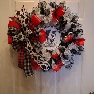 Cow Print Farmhouse Wreath – “Welcome-ish” Mesh Door Decor – 24 inch wire frame